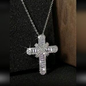 Crystal Cross Pendant Necklace - Silver Tone
